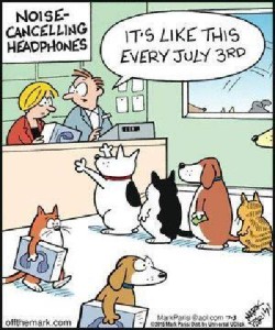 Cartoon shows dogs and cats lined up at the counter of a store advertising noise-canceling headphones .There is a man and a woman behind the counter and the man is telling the woman, "It's like this every July 3rd."
