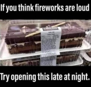 Photo of a plastic box of a Kirkland cake. Caption: If you think firewords are loud, try opening this late at night.