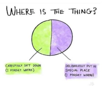Title: Where is the thing? A hand-drawn circle with a line down the middle. One half is yellow, the other half, purple. Yellow half shows the text, "Carelessly set down (I forget where)." Purple half shows the text, "Deliberately put in a special place (I forget where)"