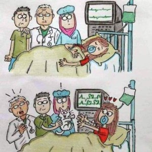 A cartoon with a young woman laying in a hospital bed hooked up to a machine, an oxygen mask, and an IV. A doctor, a nurse, and a man - presumably her husband he has tears falling from his eye. They all look distressed in the top frame. In the bottom frame her husband is handing her a white cat and she is sitting up in bed, arms reaching out for her cat, hearts over her head, and the doctor and nurse looking shocked and stunned; husband is now smiling.