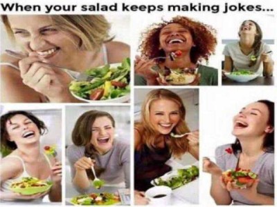 A collage of photos as if taken from magazines of models eating salads; all appear to be laughing. Caption: When your salad keeps making jokes...