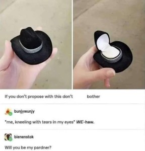 two photos of a hand holding a miniature black cowboy had with a silver band around it. In the 2nd picture, the crown of the hat is open, showing that it is a ring case. Caption: If you don't propose with this don't bother. Comments below: "Me, kneeling with tears in my eyes." WE-haw. "Will you be my pardner?"