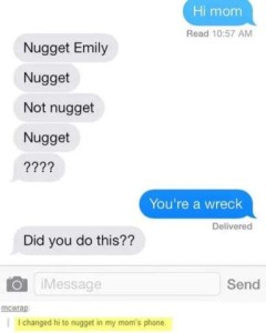 Emily - "Hi, mom!" "Nugget Emily" "Nugget" "Not nugget" "Nugget" ???? Emily - "You're a wreck!" "Did you do this?" screenshot: