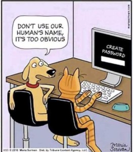 Cartoon of a cat sitting at a computer; on the screen is a box with the words CREATE PASSWORD above it. A dog is sitting next to him saying, "Don't use our human's name, it's too obvious."