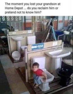 Photo of a child in a store sitting on, and using, a toilet. Caption: The moment you lost your grandson at Home Depot...do you reclaim him, or pretend not to know him?