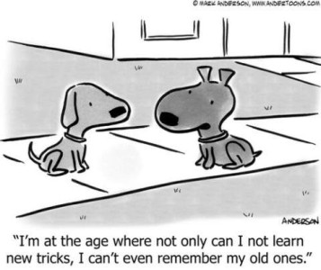 Black & White cartoon with 2 dogs sitting on a sidewalk. One dog is saying to the other, "I'm at the age where not only can I not learn new tricks, I can't even remember my old ones."