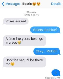 Bestie's texts "Roses are red" Bestie - Violets are blue? "A face like yours belongs in a zoo." Bestie - Okay...RUDE!! "Don't be sad, I'll be there too"