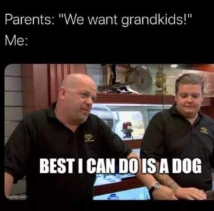 Photo from Pawn Stars show. Off-camera parents are saying, "We want grandkids!" Reply is "Best I can do is a dog."