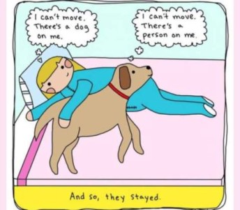 Cartoon of a girl and a dog laying on a bed, girl has her hand on the dog and he has his head on her side. Her thought bubble says, "I can't move. There's a dog on me." His thought bubble says, "I can't move. There's a person on me." Caption: And so, they stayed.