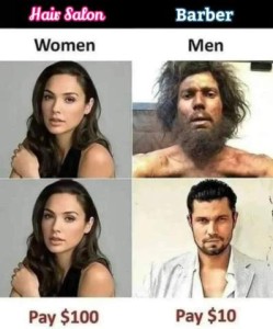 4 photos. 2 show the identical woman before and after a hair salon visit. 2 show the before picture of a man - looking rather like a caveman - and after - looking suave and well-groomed and sexy - after a visit to the barber. Woman paid $100, man paid $10.