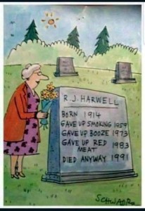 An elderly woman is holding a bouquet of flowers, standing in a cemetery next to a headstone which reads, "R.J. Harwell. Born 1914 - Gave up smoking 1959 - Gave up booze 1973 - Gave up red meat 1983 - Died anyway 1991