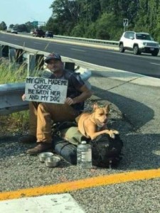 A man is sitting on a busy street corner next to a guard rail with a duffel bag and a couple of similar bags. He and his dog are on the bags; there are two dog bowls and a bottle of water next to them. The man is holding a sign that says, "My girl made me choose between her and my dog."