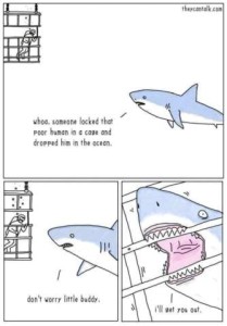 3 frames cartoon involving a shark and a man in a cage underwater. Frame 1 shark is looking at the man and saying, "Whoa. Someone locked that poor human in a cage and dropped him in the ocean." 2nd frame he is nearer to the cage, saying, "Don't worry little buddy!" 3rd frame shows, from inside the cage, the shark's mouth open and chomping down on the cage bars, saying, "I'll get you out!"