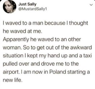 Screenshot of a social media post from Just Sally: I waved to a man because I thought he waved at me. Apparently he waved to another woman. So to get out of the awkward situation I kept my hand up and a taxi pulled over and drove me to the airport. I am now in Poland starting a new life.