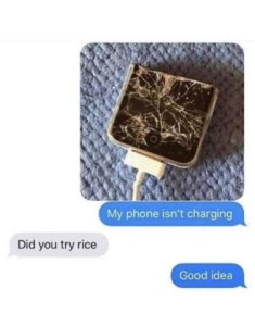 A smartphone is laying on a carpet, cut in half, the screen smashed to smithereens, and is plugged in. Conversation: "My phone isn't charging." "Did you try rice?" "Good idea"