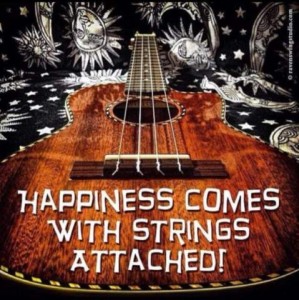 Color drawing of a ukulele with the caption, "Happiness comes with strings attached."