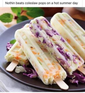 Cream-colored popsicles with pieces of white, green, purple, and orange in them. Caption: Nothing beats coleslaw pops on a hot summer day.