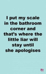 Text only: I put my scale in the bathroom corner and that's where the little liar will stay until she apologizes!