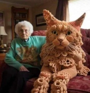 A photo of an elderly lady sitting on a davenport next to a crocheted orange cat that is bigger than she is!