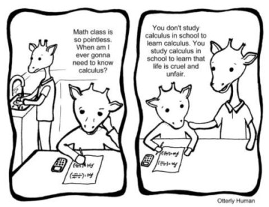 Cartoon in 2 frames; both show a mother giraffe and a child giraffe. 1st frame child is at a table working on homework, a calculator by his side and he is saying, "Math class is so pointless. When am I ever gonna need to know calculus?" 2nd frame mom is next to child, hand/hoof on his shoulder, replying "You don't study calculus in school to learn calculus. You study calculus in school to learn that life is cruel and unfair."