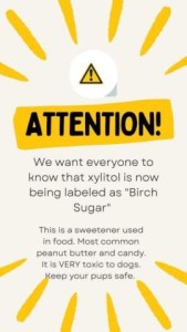 PSA: ATTENTION! We want everyone to know that xylitol is now being labeled as "Birch Sugar". This is a sweetener used in food. Most common peanut butter and candy, it is VERY toxic to dogs. Keep your pups safe.