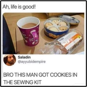 Title: Ah, life is good! Photo of a cup of coffee, an open tin of cookies, and a package of another snack - a coffee cake perhaps? Caption is a response by Saladin on social media: BRO THIS MAN GOT COOKIES IN THE SEWING KIT!