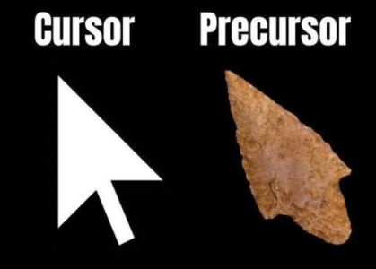 Black background. A white arrow pointing toward the upper left with the title, "Cursor". And a chiseled stone arrow in the same position labeled, "Precursor."
