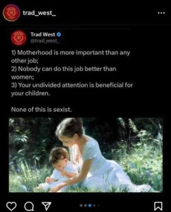 Screenshot of a social media post by trad_west_ shows a photo of a woman in a white dress, hair pulled up in a bun, sitting on the grass with a little toddler also dressed in white, in the sun, looking at something together on the ground .Caption: 1) Motherhood is more important than any other job. 2) Nobody can do this job better than women; 3) Your undivided attention is beneficial for your children. None of this is sexist.
