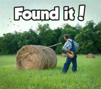 A farmer standing in a field staring at a round bale of hay; it has a huge needle stuck through it. Caption: Found it!