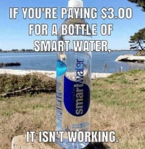 Photo of a bottle of Smartwater sitting on a rock at the beach; the lake is in the background and it is a sunny day. Caption: If you're paying $3.00 for a bottle of Smart Water, it isn't working.