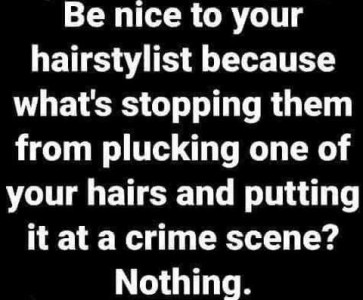 Text only. Be nice to your hairstylist because what's stopping them from plucking one of your hairs and putting it at a crime scene? Nothing.