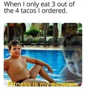 Photo of a chubby young man sitting on the side of a built-in pool, far leg up with his arm on his knee in a show-off type pose, also a shadow of his face on the other side, grinning. Caption: When I only eat 3 out of 4 tacos I ordered.
