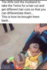 Text: The wife told the husband to take the twins for a hair cut and get different hair cuts so that you can differentiate them... This is how he brought them back... Photo: 2 babies in a stroller, both heads shaved bald except one has hair shaped in the number 1 and the other in the number 2 on his head.