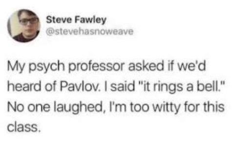 Screenshot of a social media post by Steve Fawley: My psych professor asked if we'd heard of Pavlov. I said, "it rings a bell." No one laughed. I'm too witty for this class.