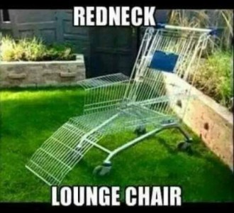 Photo of a patio lounge chair made out of a shopping cart sitting on a lawn. Caption: Redneck lounge chair.