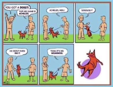 6-frame cartoon showing 2 men talking; owner is holding a little red dog on a leash. One says, "You got a DOG?!? Owner replies, "Yup! His name is achilles" then he tells the dog, "Achilles, heel!" The first guy asks, "Seriously?" and "He didn't even do it!" Owner says, "Yeah, it's his weakness." Last frame is just the dog, jumping in the air.