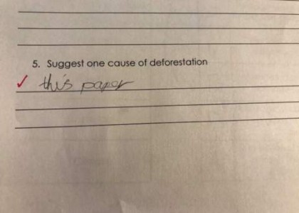 Photo of part of a homework assignment or test. Question: Suggest one cause of deforestation. To which a student wrote, "this paper" - there is a red check next to the answer.