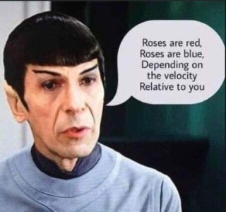 Photo of the Mr. Spock character from Star Trek, saying, "Roses are red, Roses are blue, Depending on the velocity Relative to you."