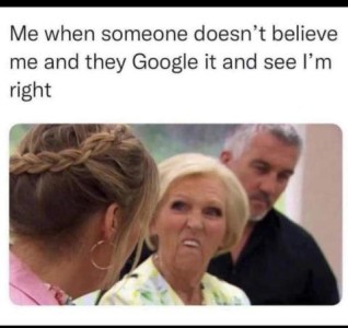 Photo of 3 people, focused on a woman in the center making a beaver face with her top front teeth out and eyes squinched. Caption: Me when someone doesn't believe me and they Google it and see I'm right.