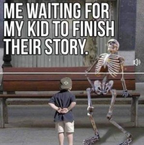 A skeleton sitting on a park bench. A little boy (maybe 4 or 5 years old) facing away from the camera, hands clasped behind his back, ball cap on backwards, leaning slightly forward as he talks to the skeleton. Caption: Me waiting for my kid to finish their story.