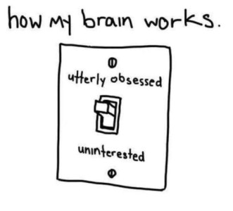 Drawing of a light switch. Above the switch it says, "Utterly obsessed" and under it says "Uninterested" (where it would say ON and OFF) Title: How My Brain Works
