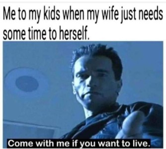 Arnold Schwarzenneger's face looking down at the camera intensely. Caption: Me to my kids when my wife just needs some time to herself... "Come with me if you want to live."
