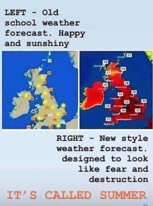 2 photos; on the left is a tan and yellow map with numbers on it; on the right is the same map in shades of red, purple, orange, and yellow, with the very similar numbers on it. Caption: LEFT - old school weather forecast; happy and sunshiny. RIGH - new style weather forecast, designed to look like fear and destruction. IT'S CALLED SUMMER.