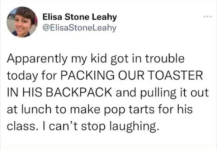 Screenshot of a social media post from Elisa Stone Leahy: Apparently my kid got in trouble today for PACKING OUR TOASTER IN HIS BACKPACK and pulling it out at lunch to make pop tarts for his class. I can't stop laughing.