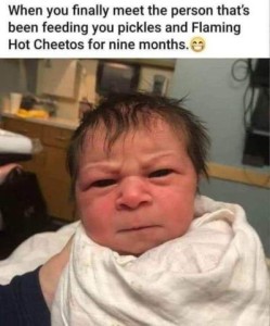 Photo of a newborn baby, head full of dark hair, wrapped in a blanket, looking directly at the camera with an angry squint. Caption: When you finally meet the person that's been feeding you pickles and Flaming Hot Cheetos for nine months.