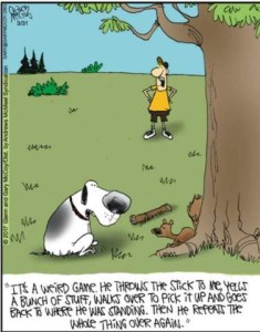 Cartoon of a dog walking to a squirrel, with a stick laying next to them. In the background is a man, hands on hips, mouth open as though yelling. Caption: "It's a weird game. He throws the stick to me, yells a bunch of stuff, walks over to pick it up and goes back to where he was standing. Then he repeats the whole thing over again."