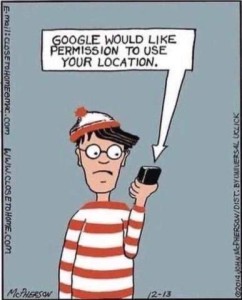 Cartoon of Waldo (of Where's Waldo fame) holding a cell phone in his hand; he is looking at it with a frown as phone is saying, "Google would like permission to use your location."
