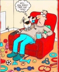 Cartoon of a tired-looking man sitting a chair with a coffee cup in one hand and a TV remote in the other. The floor all around the chair is strewn with dog toys. On his lap is a little dog, excitedly wagging his tail while holding another toy in his mouth, looking into his owner's face. Thought bubble over the dog says, "Well how about THIS one then?"