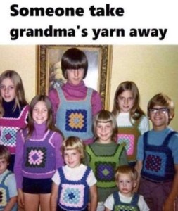 Group photo of 8 children, each wearing a hand-crocheted vest. Caption: Someone take grandma's yarn away.
