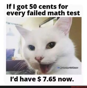 Closeup photo of a white cat, mouth open as if talking. Caption: If I got 50 cents for every failed math test I'd I have $7.65 now.